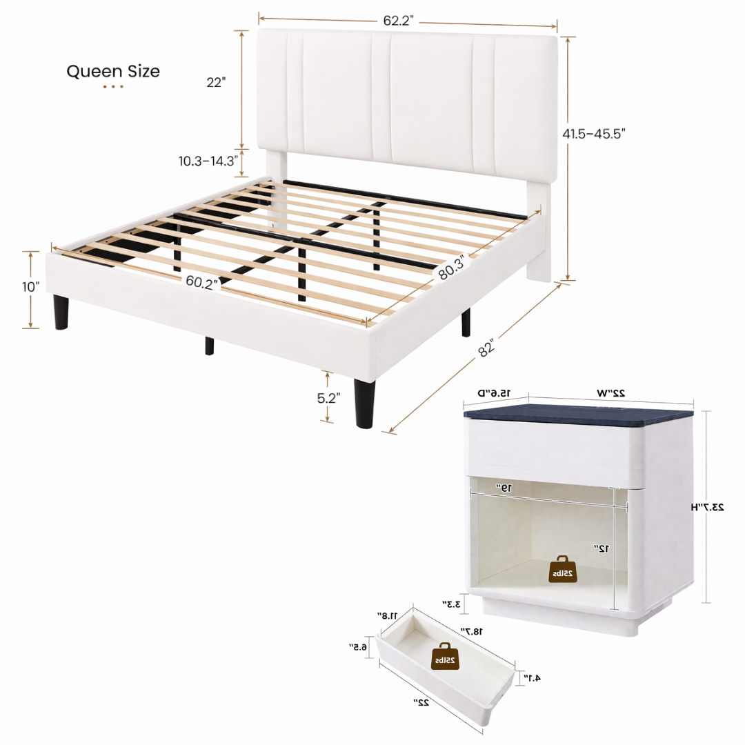 Queen White Velvet Platform Bed with Adjustable Headboard and 2 Drawer Nightstands Set - Image 6