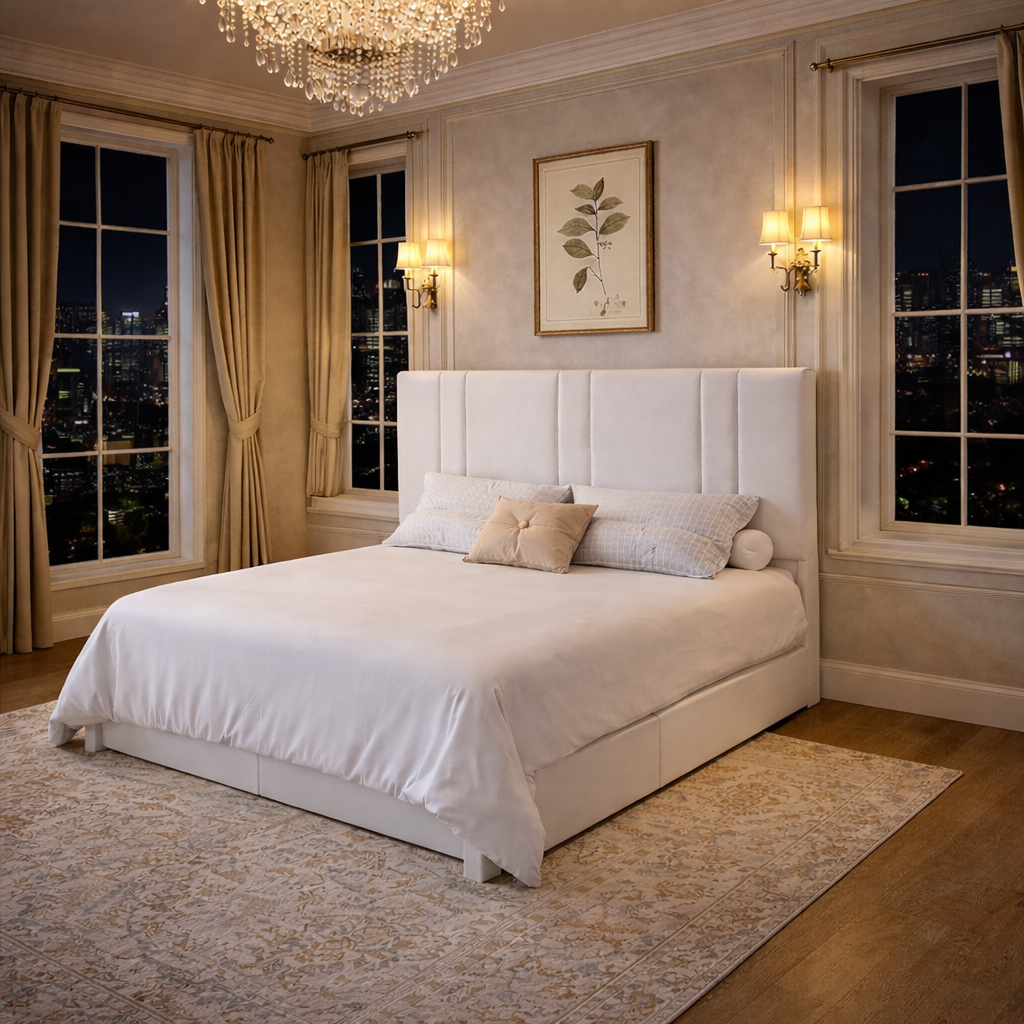 Queen White Velvet Platform Bed with Adjustable Headboard and 2 Drawer Nightstands Set - Image 4