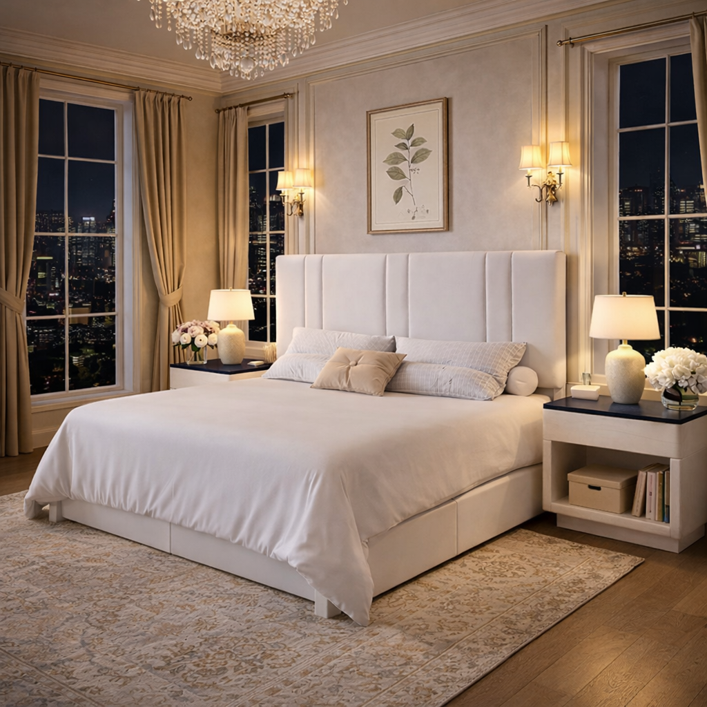 Queen White Velvet Platform Bed with Adjustable Headboard and 2 Drawer Nightstands Set - Image 3