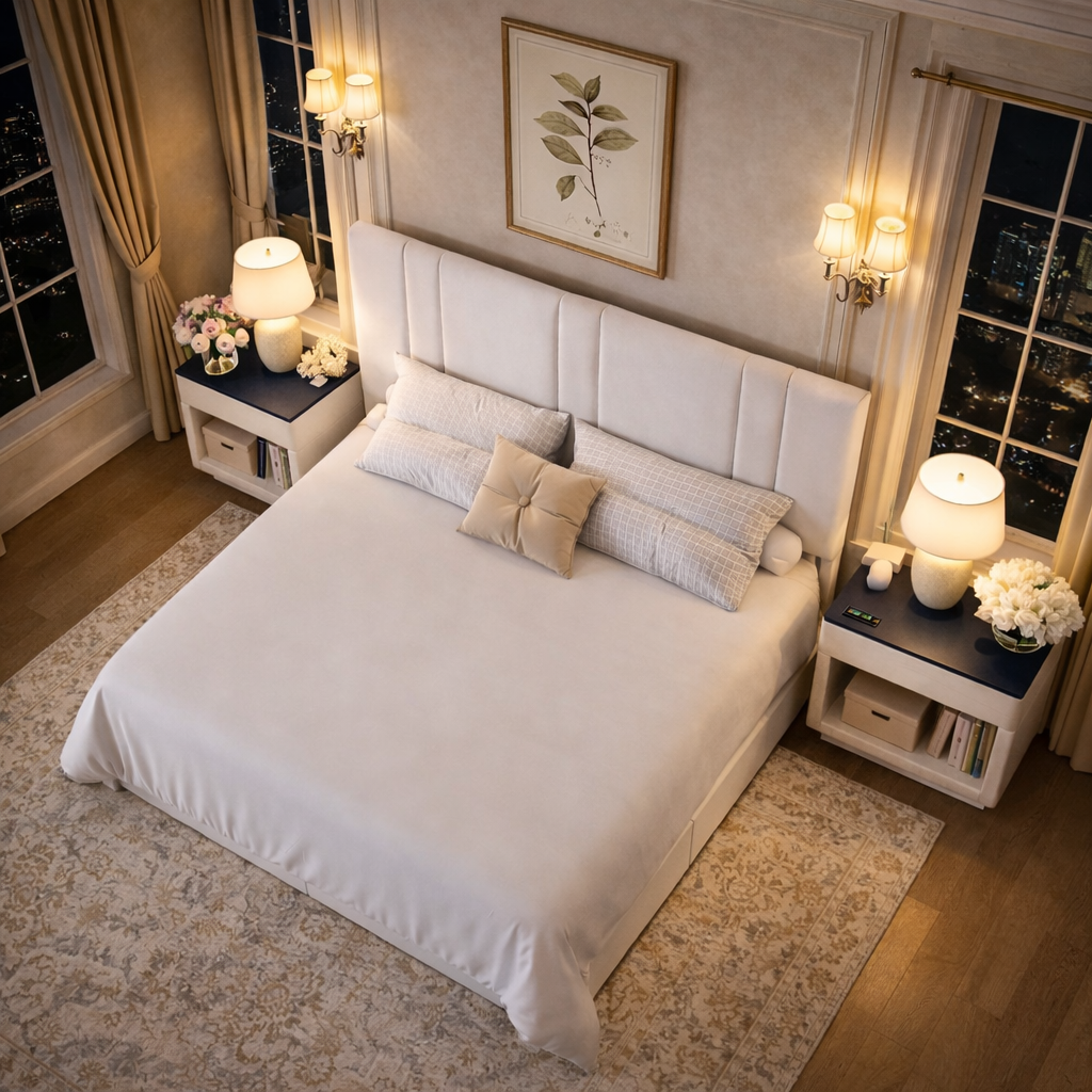 Queen White Velvet Platform Bed with Adjustable Headboard and 2 Drawer Nightstands Set - Image 2