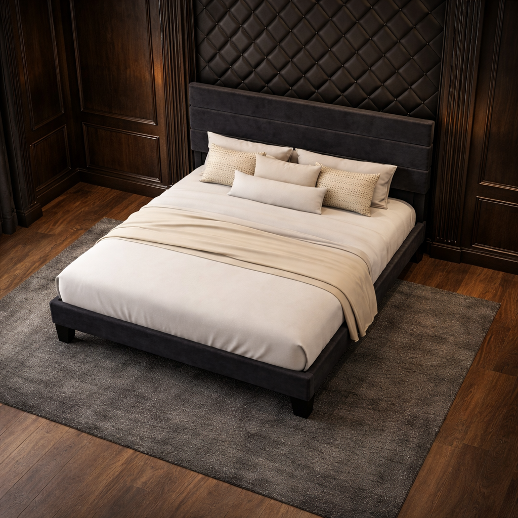 Queen Velvet Platform Bed with Adjustable Headboard and 2 Black Faux Leather Nightstands Set - Image 4