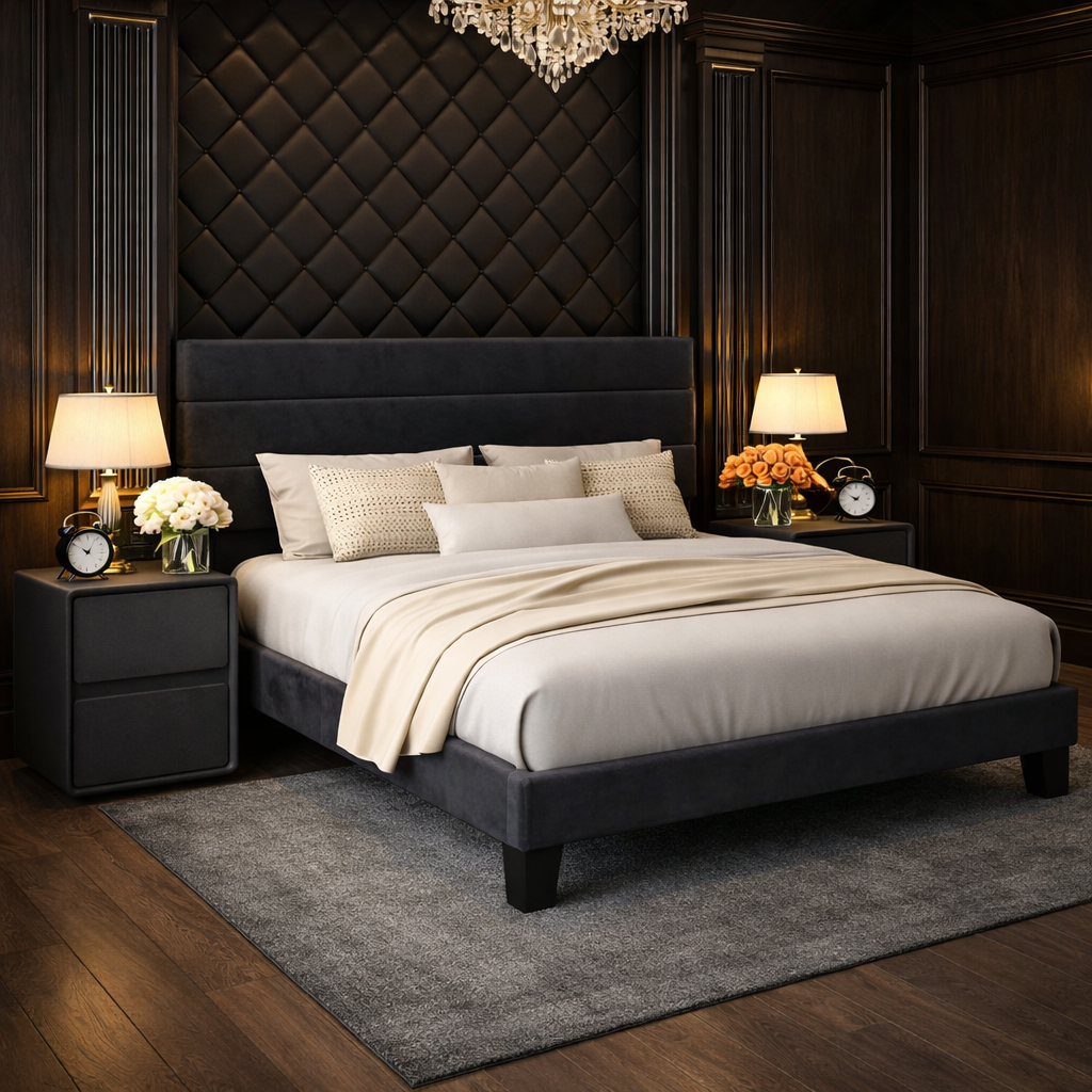 Queen Velvet Platform Bed with Adjustable Headboard and 2 Black Faux Leather Nightstands Set - Image 3