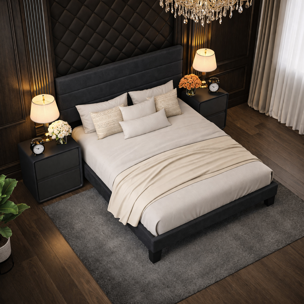 Queen Velvet Platform Bed with Adjustable Headboard and 2 Black Faux Leather Nightstands Set - Image 2