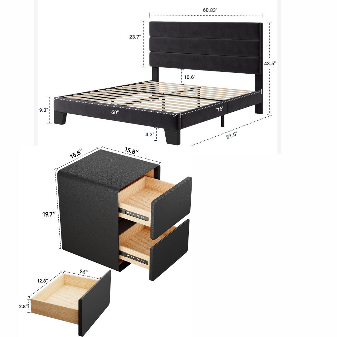 Queen Velvet Platform Bed with Adjustable Headboard and 2 Black Faux Leather Nightstands Set - Image 6