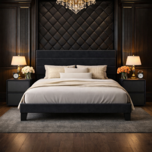 Queen Velvet Platform Bed with Adjustable Headboard and 2 Black Faux Leather Nightstands Set