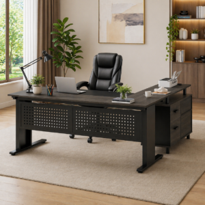 63" L-Shape Executive Desk with Storage Cabinet & High Back PU Leather Office Chair Set, Gray Black