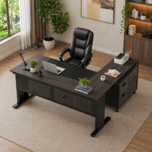 Alternative view of 63" L-Shape Executive Desk with Storage Cabinet & High Back PU Leather Office Chair Set, Gray Black