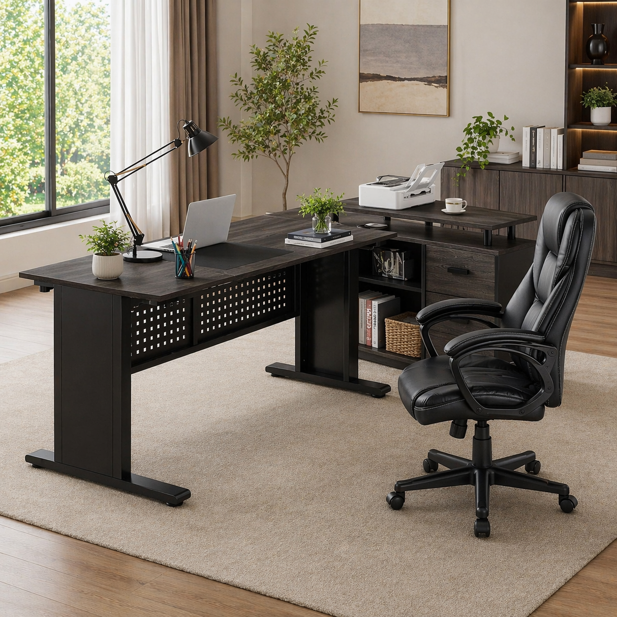 63" L-Shape Executive Desk with Storage Cabinet & High Back PU Leather Office Chair Set, Gray Black - Image 3