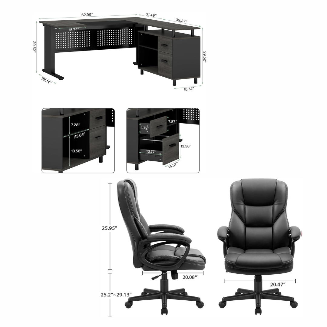 63" L-Shape Executive Desk with Storage Cabinet & High Back PU Leather Office Chair Set, Gray Black - Image 6