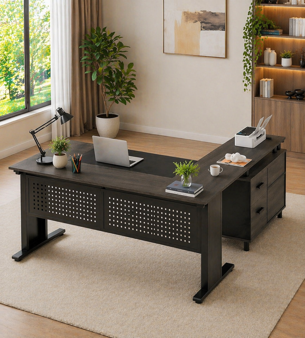 63" L-Shape Executive Desk with Storage Cabinet & High Back PU Leather Office Chair Set, Gray Black - Image 4