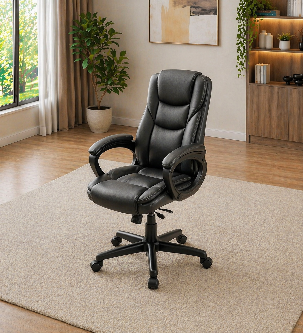 63" L-Shape Executive Desk with Storage Cabinet & High Back PU Leather Office Chair Set, Gray Black - Image 5