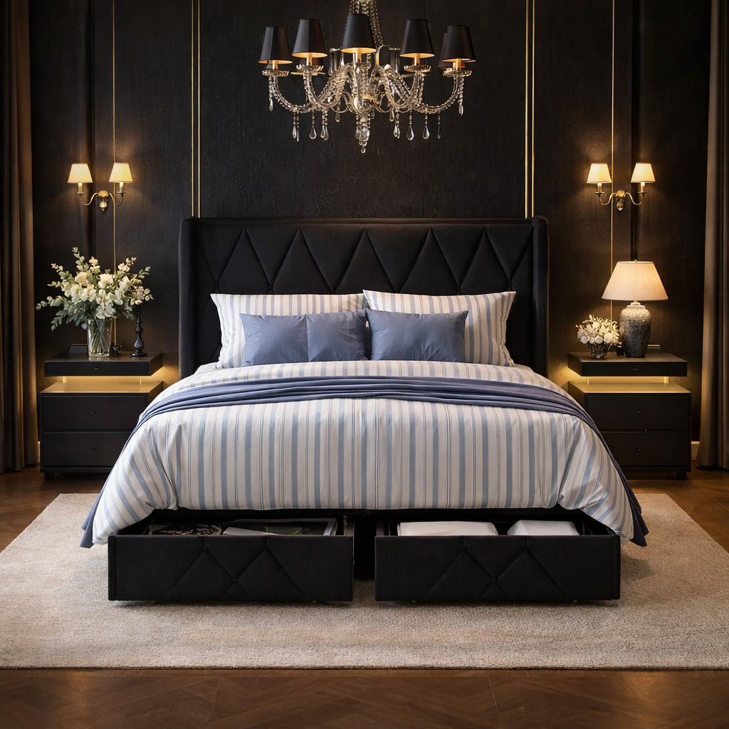 Queen Upholstered Storage Bed with 4 Drawers and Charging Headboard with 2 Black Nightstands Set