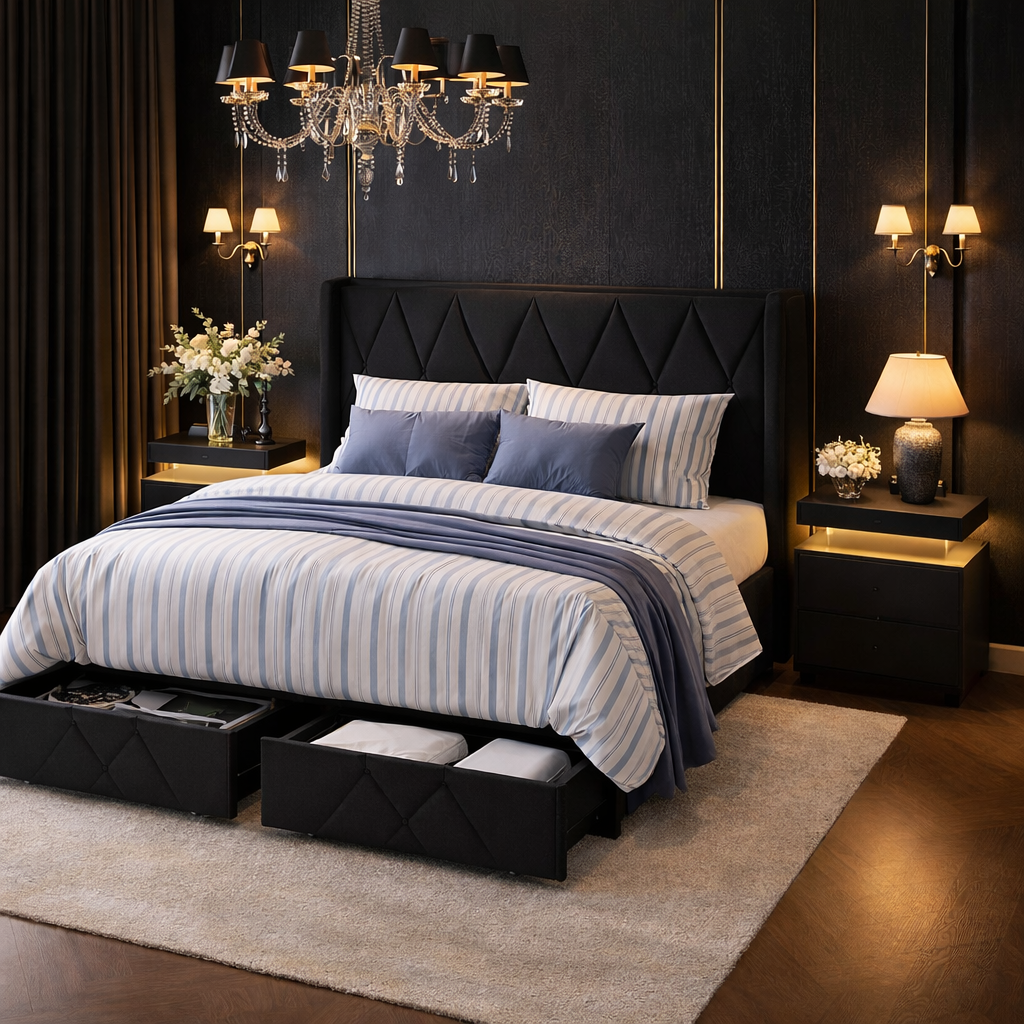 Queen Upholstered Storage Bed with 4 Drawers and Charging Headboard with 2 Black Nightstands Set - Image 3