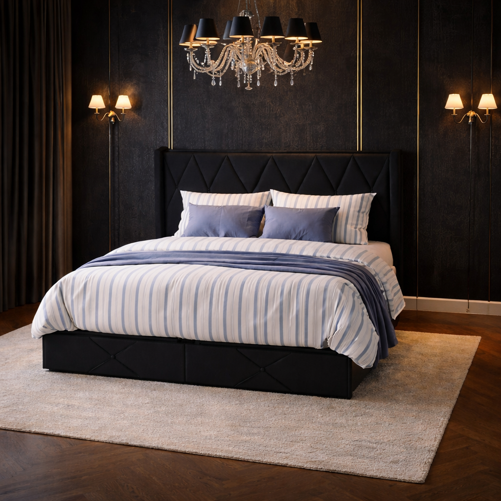 Queen Upholstered Storage Bed with 4 Drawers and Charging Headboard with 2 Black Nightstands Set - Image 4