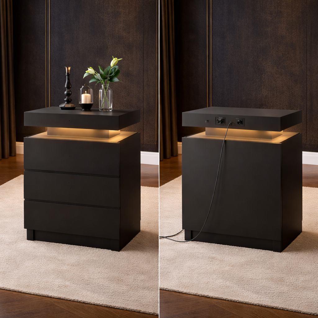 Queen Upholstered Storage Bed with 4 Drawers and Charging Headboard with 2 Black Nightstands Set - Image 5