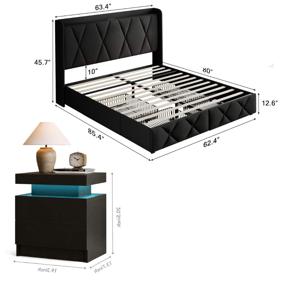 Queen Upholstered Storage Bed with 4 Drawers and Charging Headboard with 2 Black Nightstands Set - Image 6