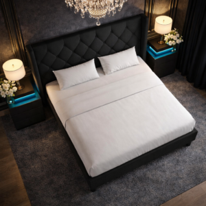 Alternative view of Queen Black Upholstered Platform Bed LED Nightstands