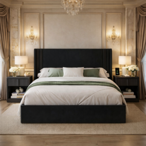 Queen Velvet Wingback Bed with 2 Fluted Nightstands Set Black Upholstered Platform Bed