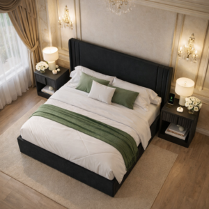 Alternative view of Queen Velvet Wingback Bed with 2 Fluted Nightstands Set Black Upholstered Platform Bed