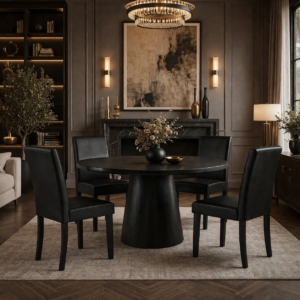 47" Round Dining Table Set with 4 Upholstered Chairs, Black Wood Finish