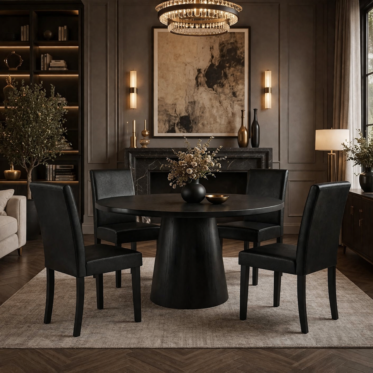 47" Round Dining Table Set with 4 Upholstered Chairs, Black Wood Finish