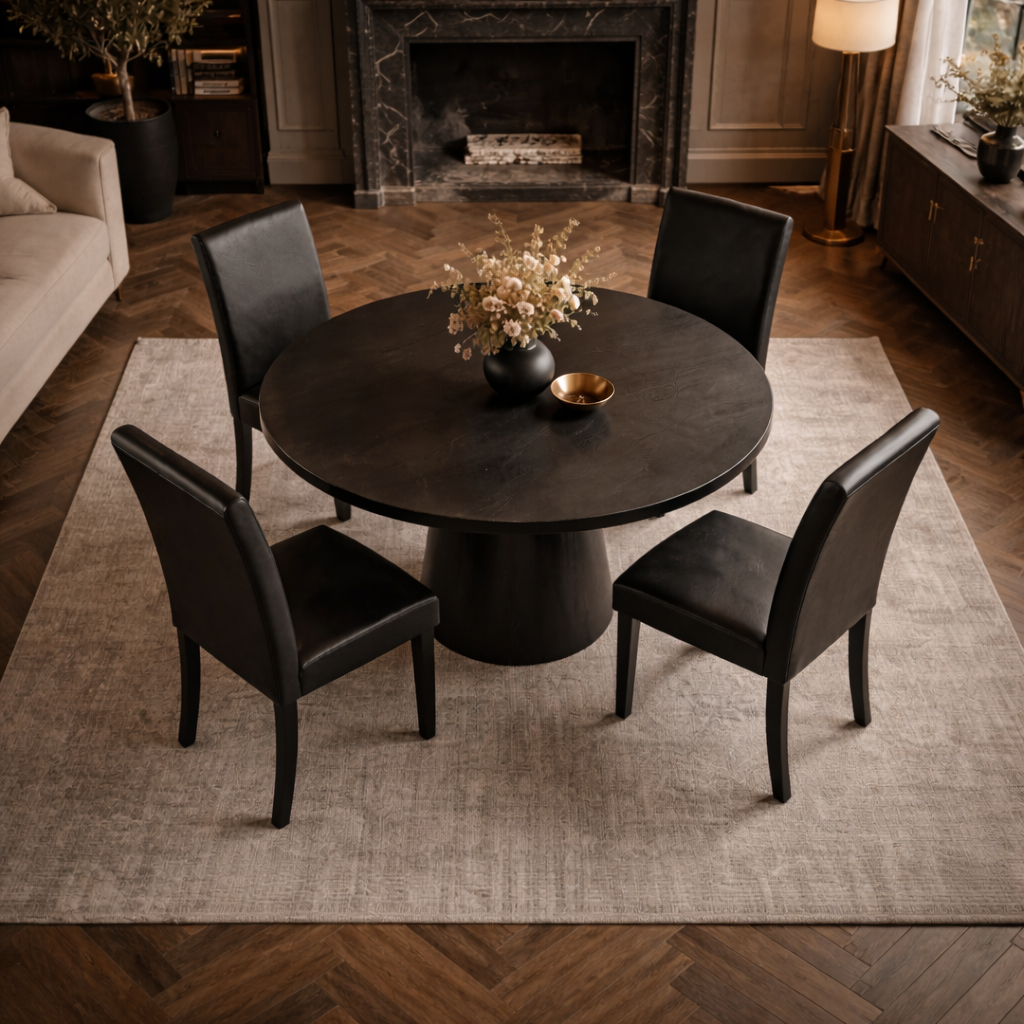 47" Round Dining Table Set with 4 Upholstered Chairs, Black Wood Finish - Image 2