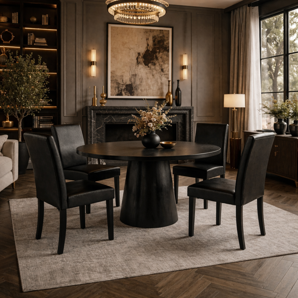 47" Round Dining Table Set with 4 Upholstered Chairs, Black Wood Finish - Image 3