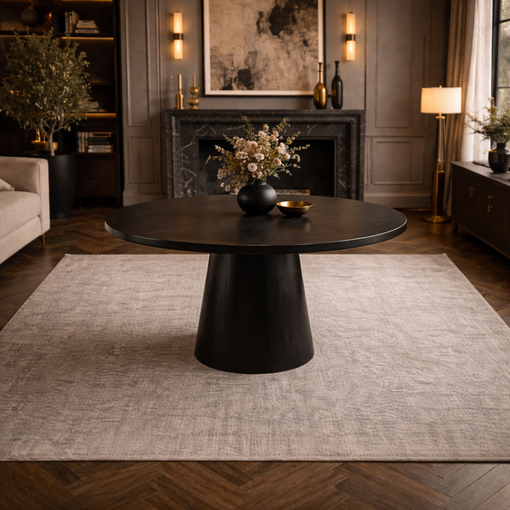 47" Round Dining Table Set with 4 Upholstered Chairs, Black Wood Finish - Image 4