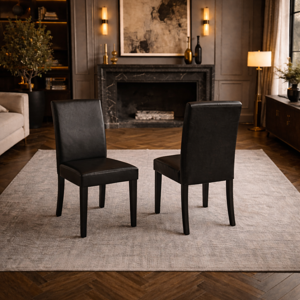 47" Round Dining Table Set with 4 Upholstered Chairs, Black Wood Finish - Image 5