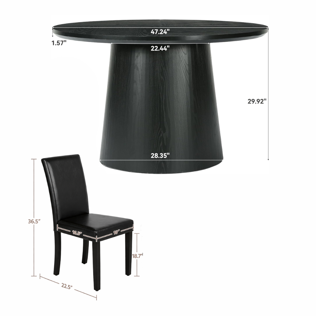 47" Round Dining Table Set with 4 Upholstered Chairs, Black Wood Finish - Image 6