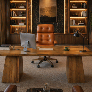 63” Executive Desk with Power Outlets & Storage + Ergonomic Wide Office Chair (Oak/Cognac)