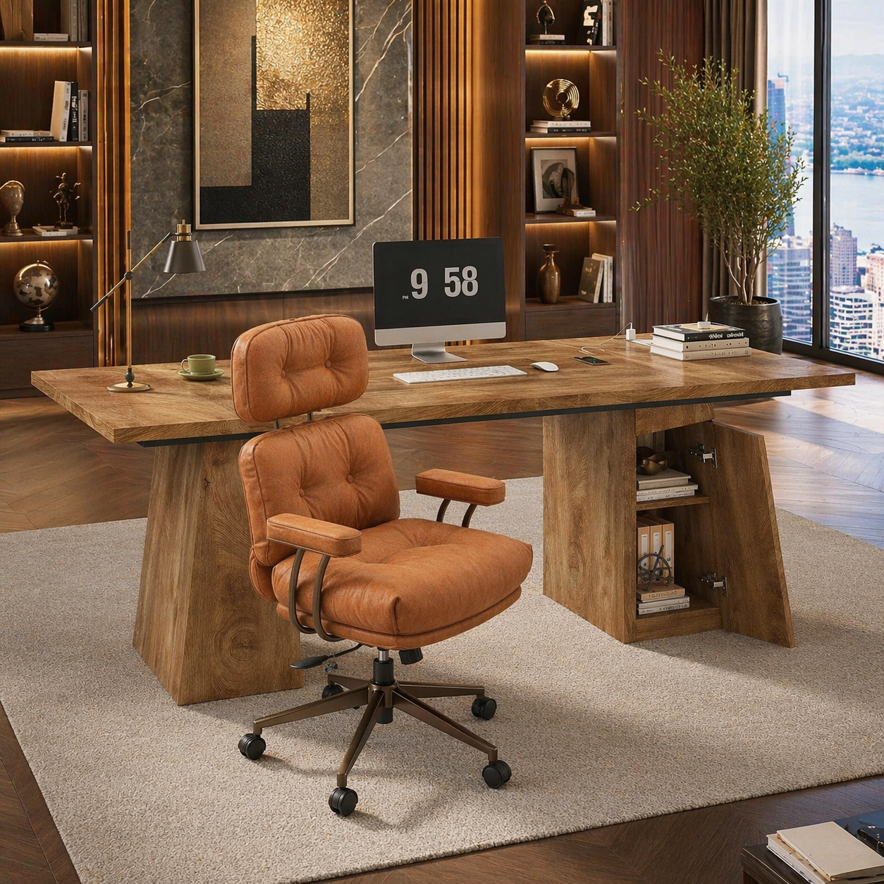 63” Executive Desk with Power Outlets & Storage + Ergonomic Wide Office Chair (Oak/Cognac) - Image 3