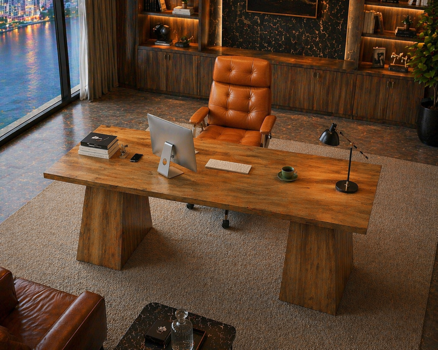 63” Executive Desk with Power Outlets & Storage + Ergonomic Wide Office Chair (Oak/Cognac) - Image 2