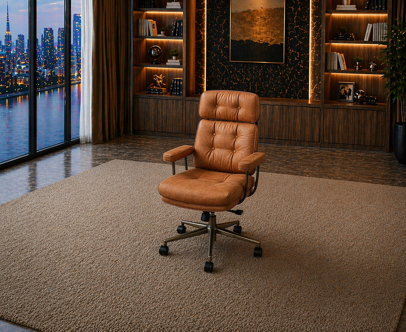 63” Executive Desk with Power Outlets & Storage + Ergonomic Wide Office Chair (Oak/Cognac) - Image 5