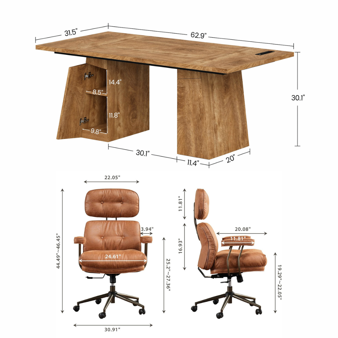 63” Executive Desk with Power Outlets & Storage + Ergonomic Wide Office Chair (Oak/Cognac) - Image 6