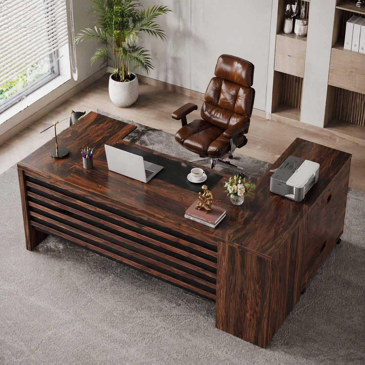 62.2" L-Shaped Executive Desk Set with File Cabinet & Ergonomic High-Back Chair, Brown/Black - Image 2