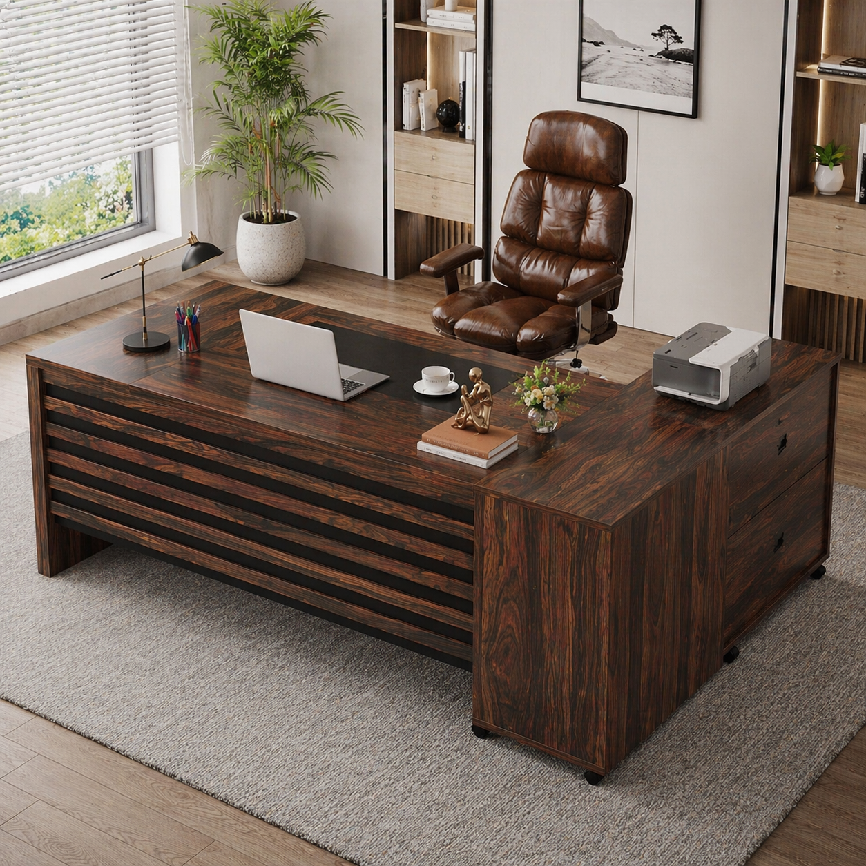 62.2" L-Shaped Executive Desk Set with File Cabinet & Ergonomic High-Back Chair, Brown/Black - Image 3