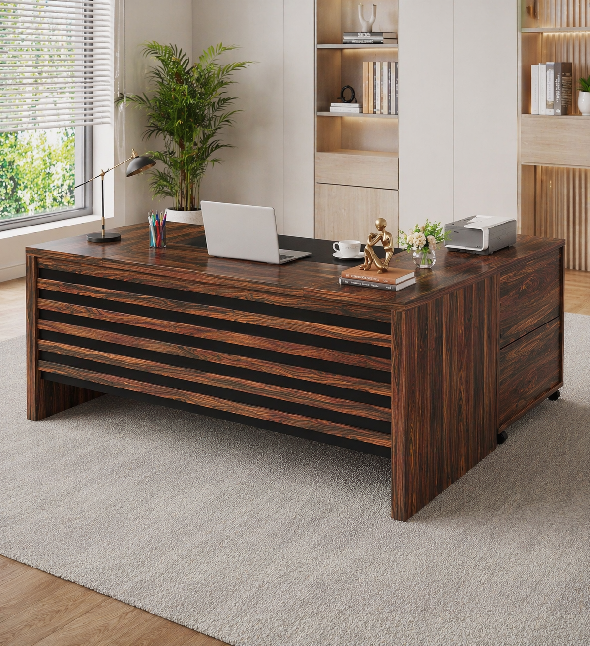 62.2" L-Shaped Executive Desk Set with File Cabinet & Ergonomic High-Back Chair, Brown/Black - Image 4