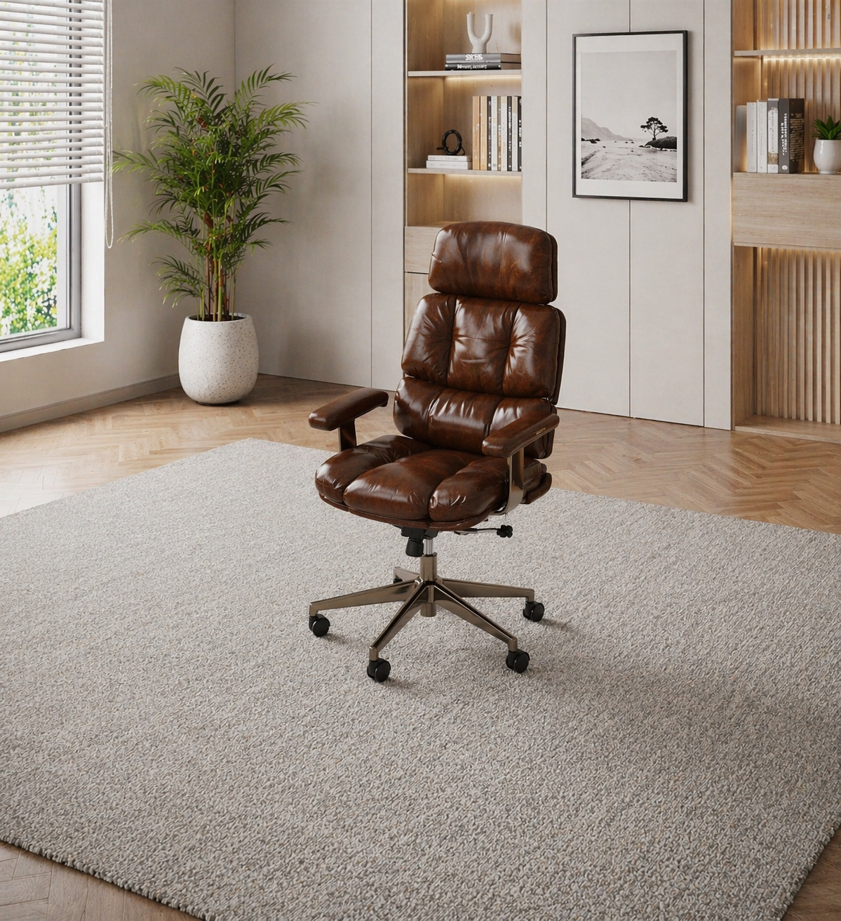 62.2" L-Shaped Executive Desk Set with File Cabinet & Ergonomic High-Back Chair, Brown/Black - Image 5
