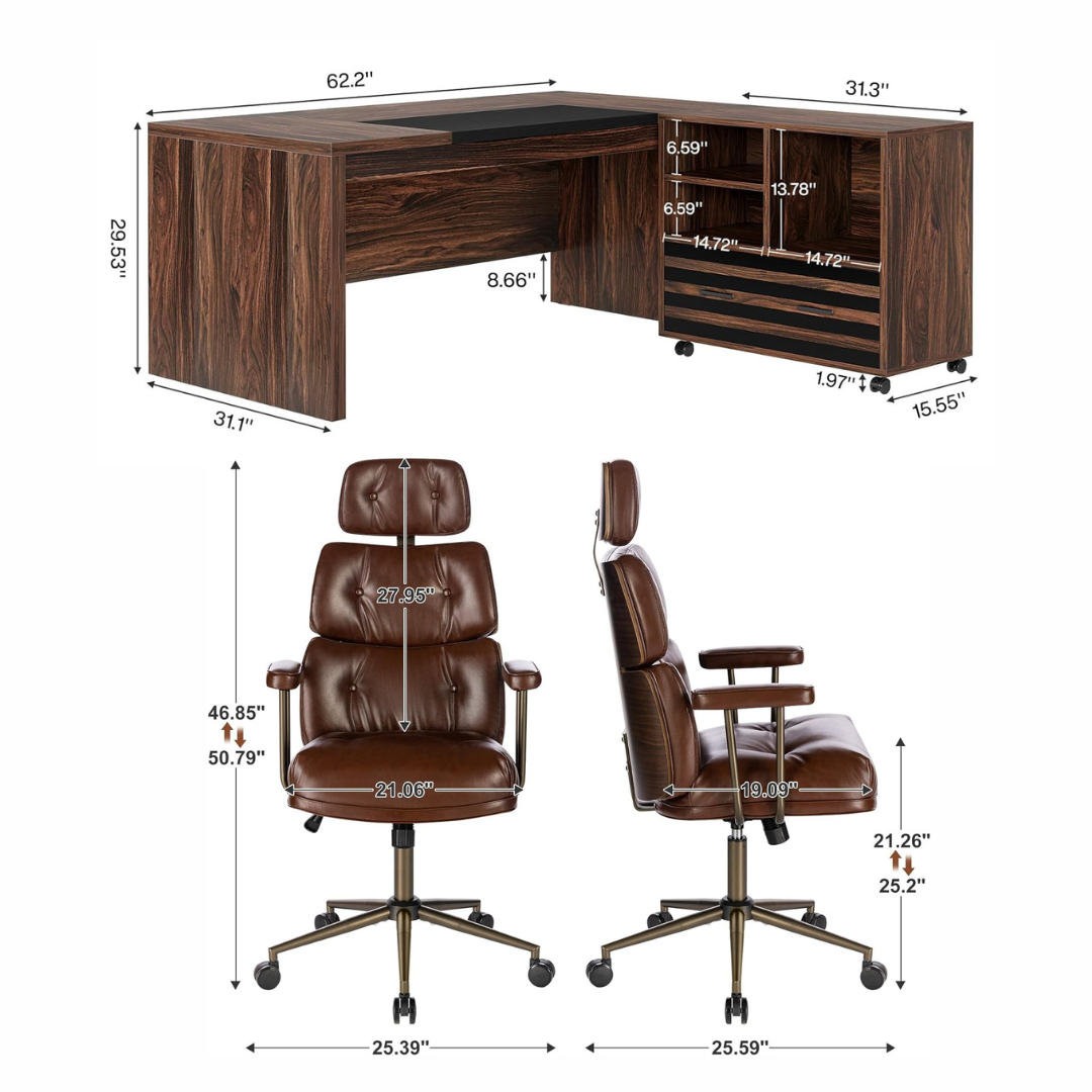 62.2" L-Shaped Executive Desk Set with File Cabinet & Ergonomic High-Back Chair, Brown/Black - Image 6