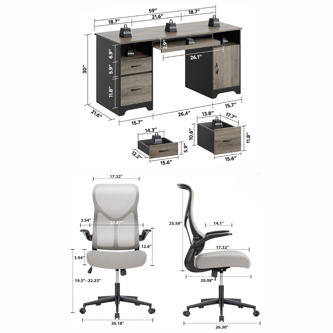 59" Executive Desk with Storage & Keyboard Tray + Ergonomic Mesh Office Chair Set, Gray - Image 6