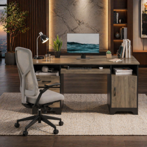 59" Executive Desk with Storage & Keyboard Tray + Ergonomic Mesh Office Chair Set, Gray