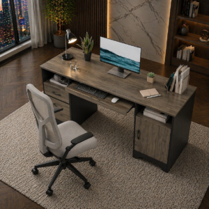 Alternative view of 59" Executive Desk with Storage & Keyboard Tray + Ergonomic Mesh Office Chair Set, Gray