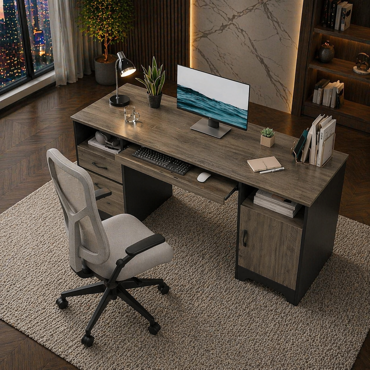 59" Executive Desk with Storage & Keyboard Tray + Ergonomic Mesh Office Chair Set, Gray - Image 2