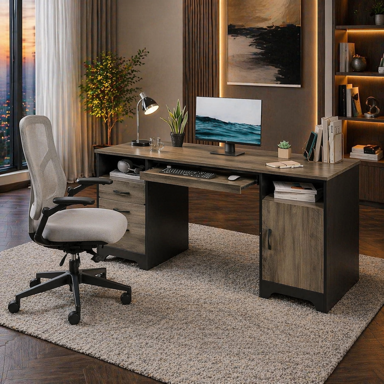 59" Executive Desk with Storage & Keyboard Tray + Ergonomic Mesh Office Chair Set, Gray - Image 3