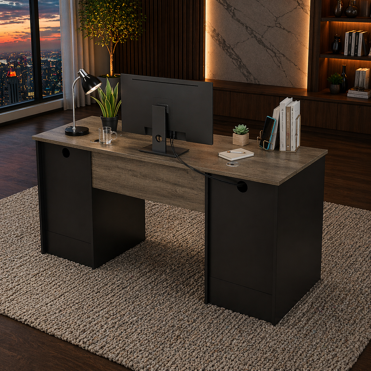 59" Executive Desk with Storage & Keyboard Tray + Ergonomic Mesh Office Chair Set, Gray - Image 4