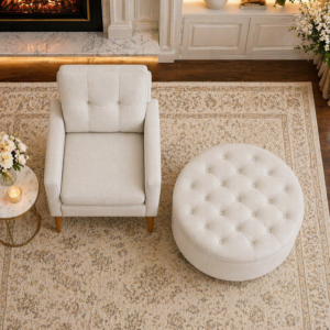 Alternative view of White Upholstered Accent Chair with Round Storage Ottoman Set for Living Room or Bedroom