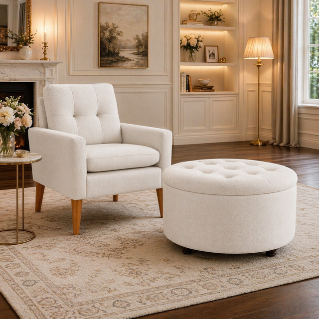 White Upholstered Accent Chair with Round Storage Ottoman Set for Living Room or Bedroom - Image 3