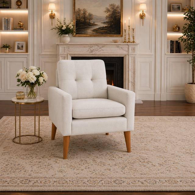White Upholstered Accent Chair with Round Storage Ottoman Set for Living Room or Bedroom - Image 4
