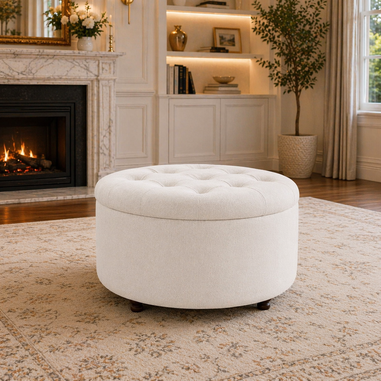 White Upholstered Accent Chair with Round Storage Ottoman Set for Living Room or Bedroom - Image 5